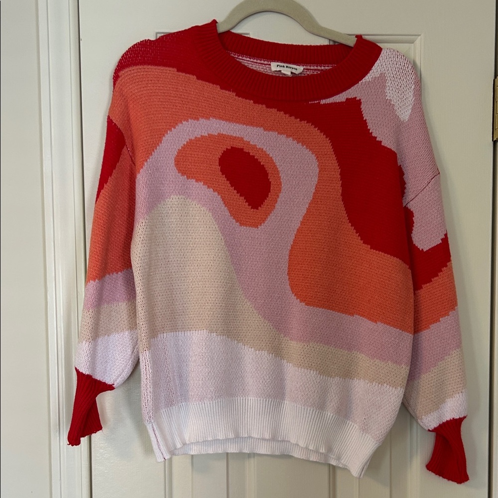 Colorblock Crewneck Sweater in Red, Pink & Orange - Casual Knit